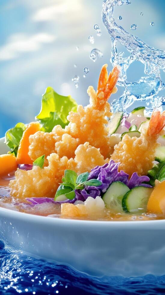 Fried shrimps with veggies on plate near water splash against sunny sky background. For restaurant menu photo