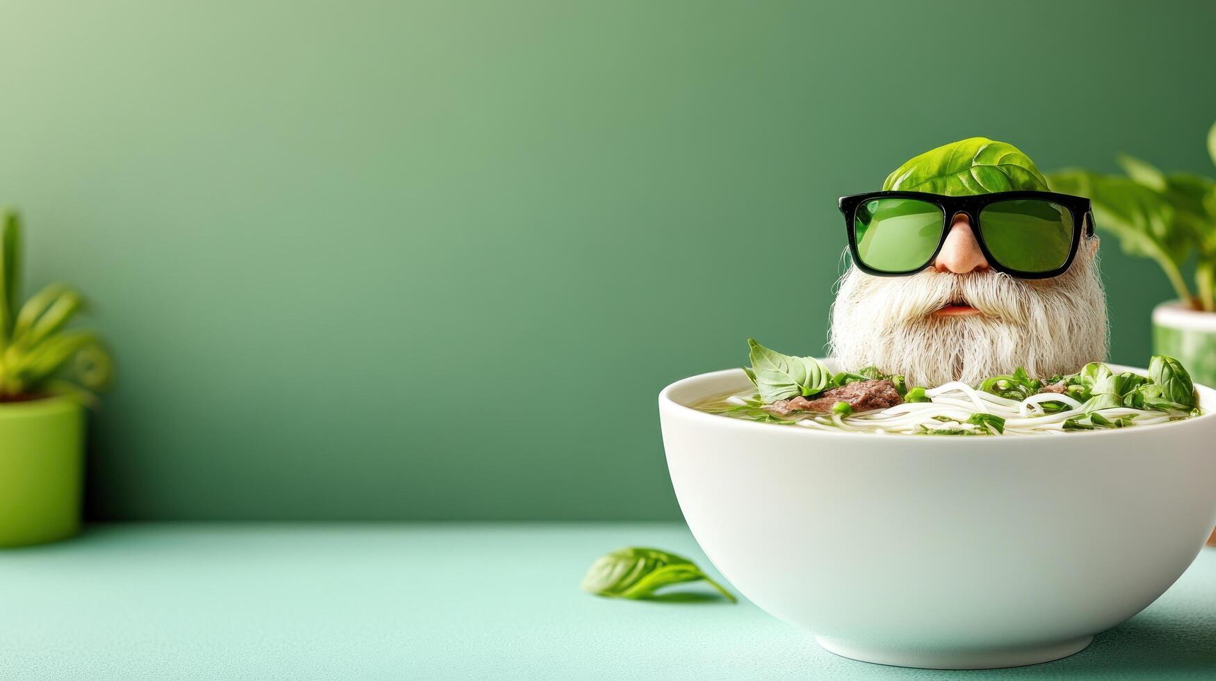 Funny Santa with glasses in Pho, with plants background, festive theme, for promotion or social media photo