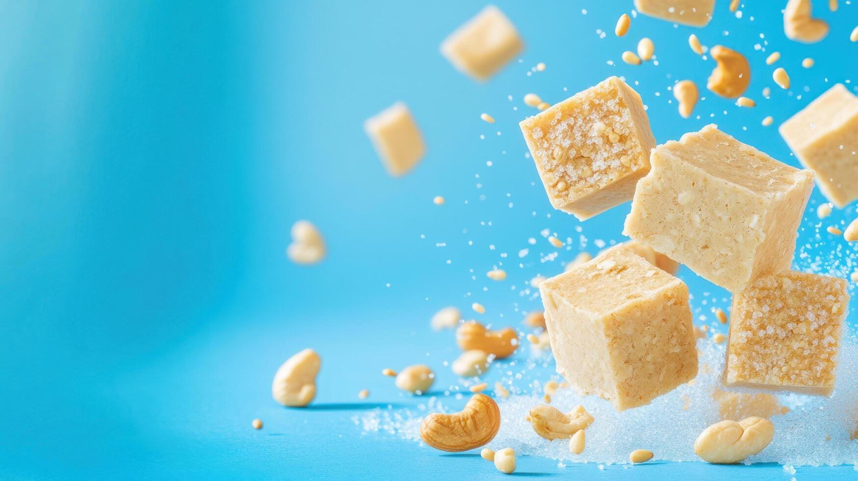 Fudge squares and nuts mid-air on a blue background, for sweets dessert menu ads photo