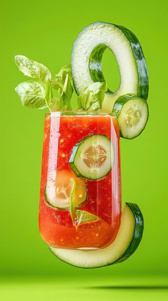 Gazpacho drink with cucumber. Refreshing summer soup in a glass. Healthy eating and dieting photo