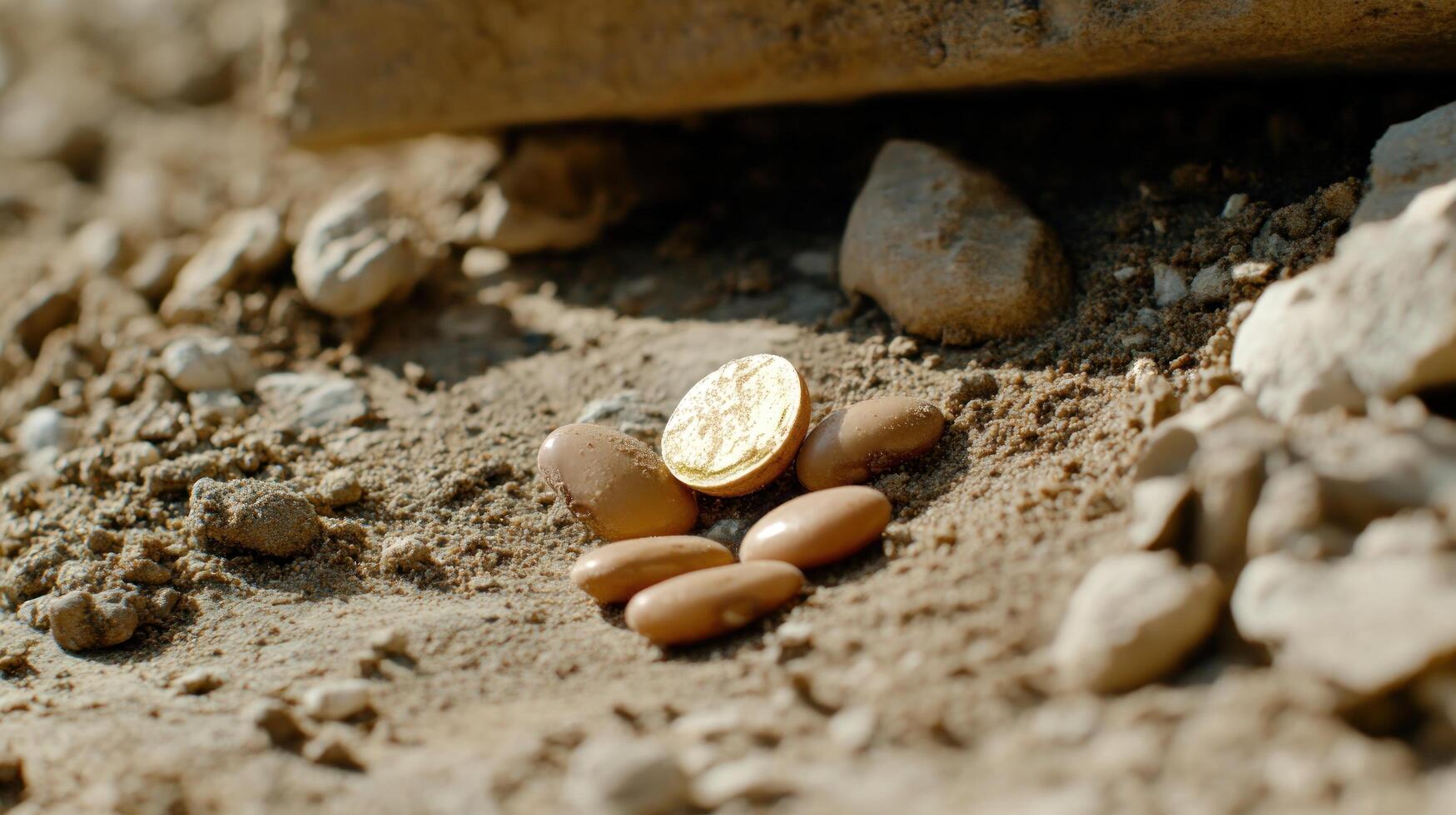 Gold coin and beans lying in the dirt and stones in a desert, conceptual shot photo