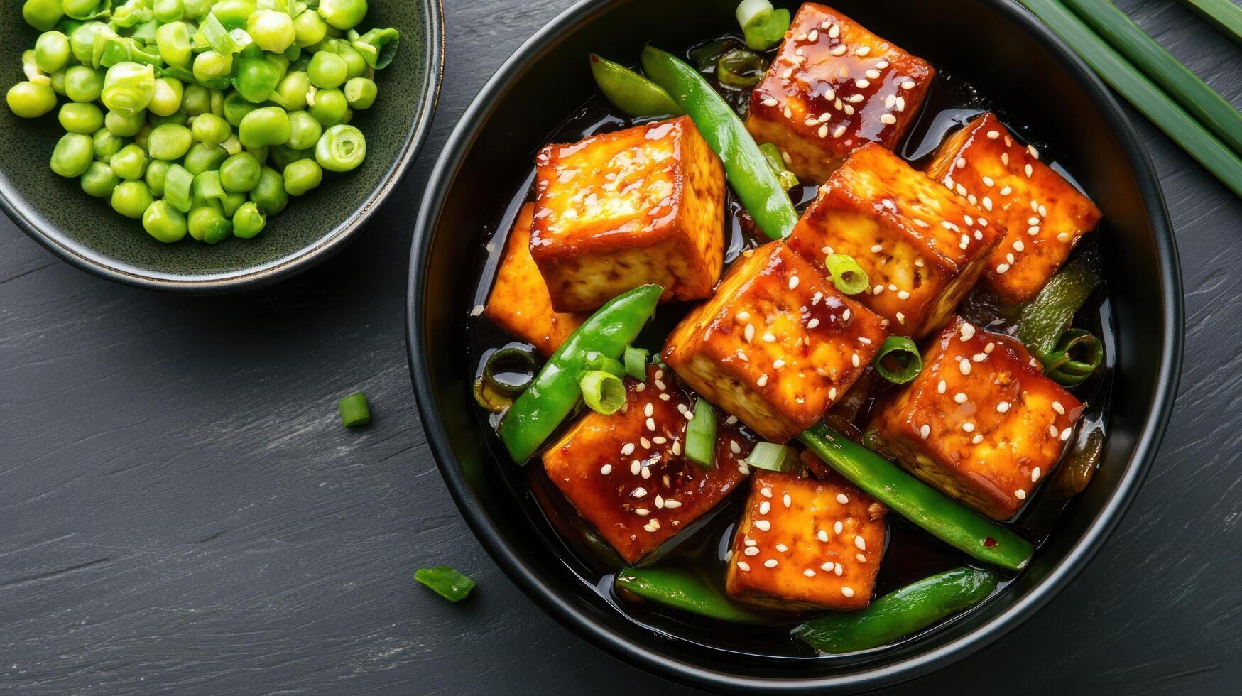 Glazed tofu with sesame and peas served in a bowl on a dark surface. Stock photo