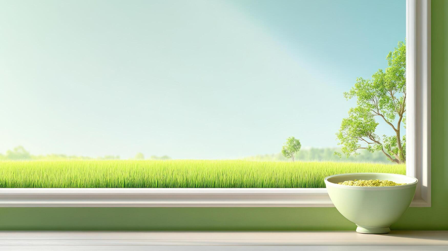 Green bowl in sunlit window, field view. Healthy food background. Use Nature, wellbeing photo