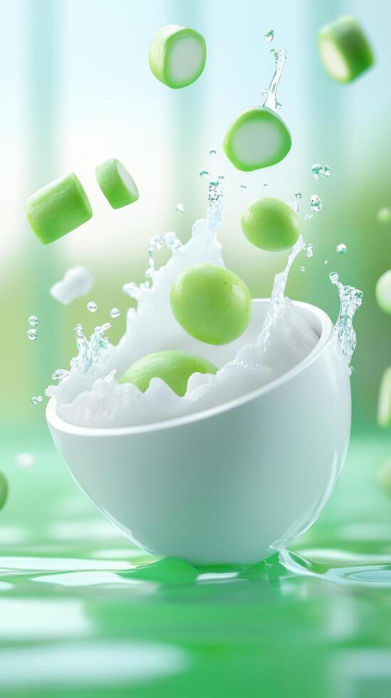 Green candy splashing in white bowl with milk. Abstract, colorful background. Food ad photo