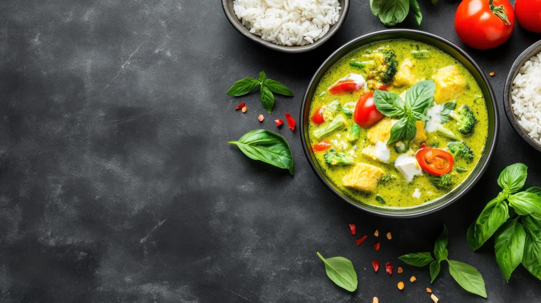 Green curry on dark surface with rice, tomatoes, basil, and chilies, for healthy meal ad photo