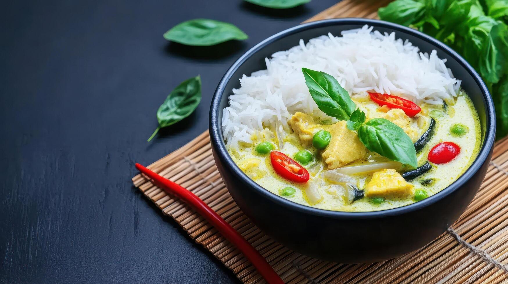 Green curry with chicken and rice, in a bowl on a mat, flat lay. Possible use food blog photo