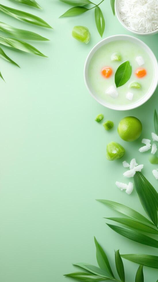 Green Dessert Bowl Refreshing treat, summer, healthy eating, plant backdrop. Food content, menu promo photo