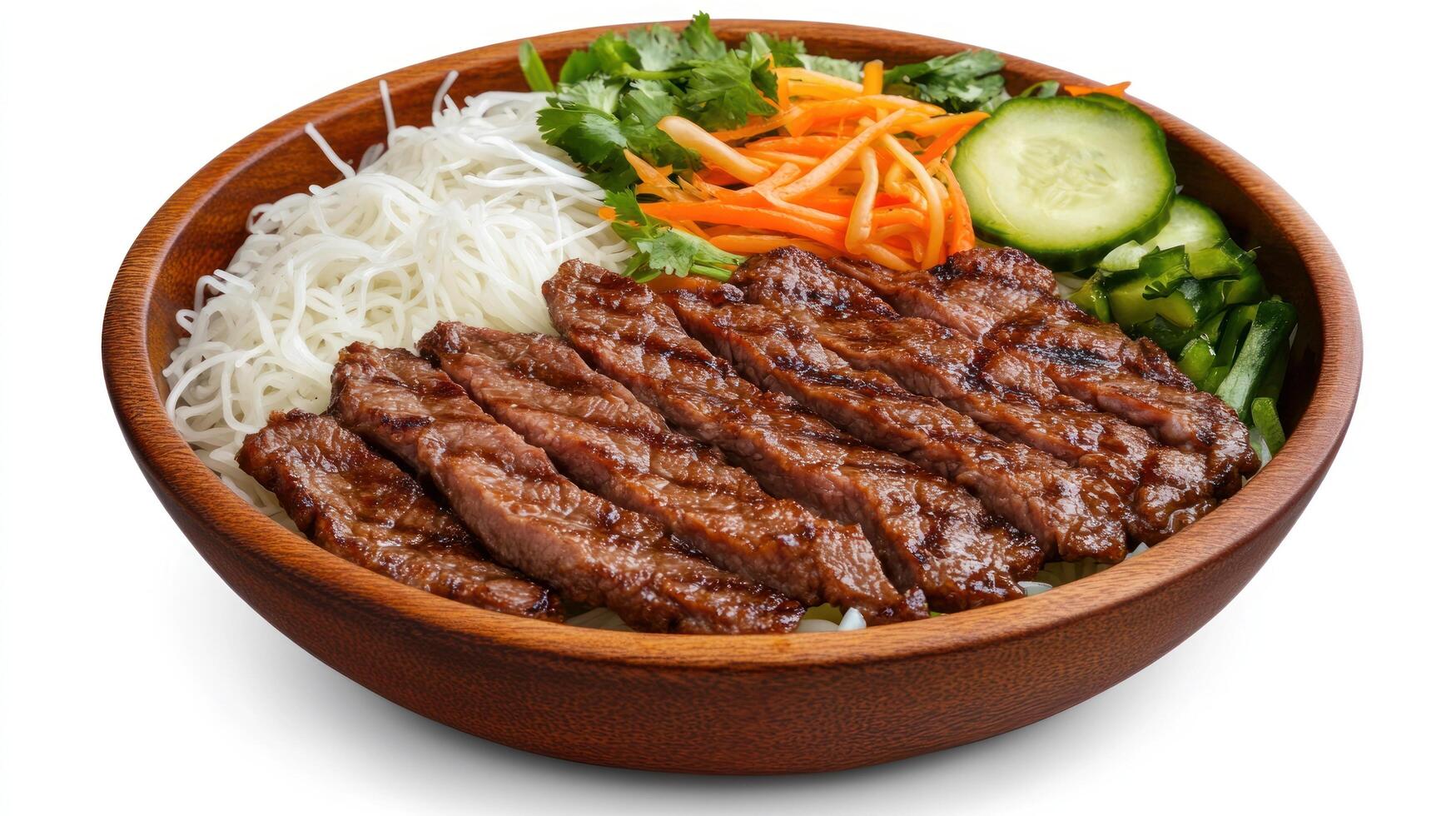 Grilled beef and rice vermicelli bowl with fresh salad for lunch meal photo