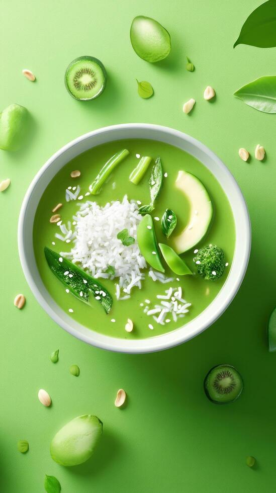 Green veggie bowl, rice, broccoli, avocado, and kiwi, atop a green background. Healthy bowl for blogs photo