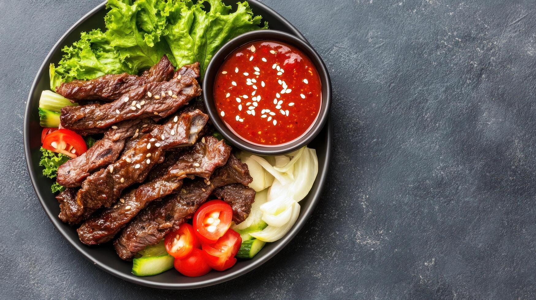 Grilled beef strips with red sauce, served with lettuce, tomato, and cucumber for healthy eating photo