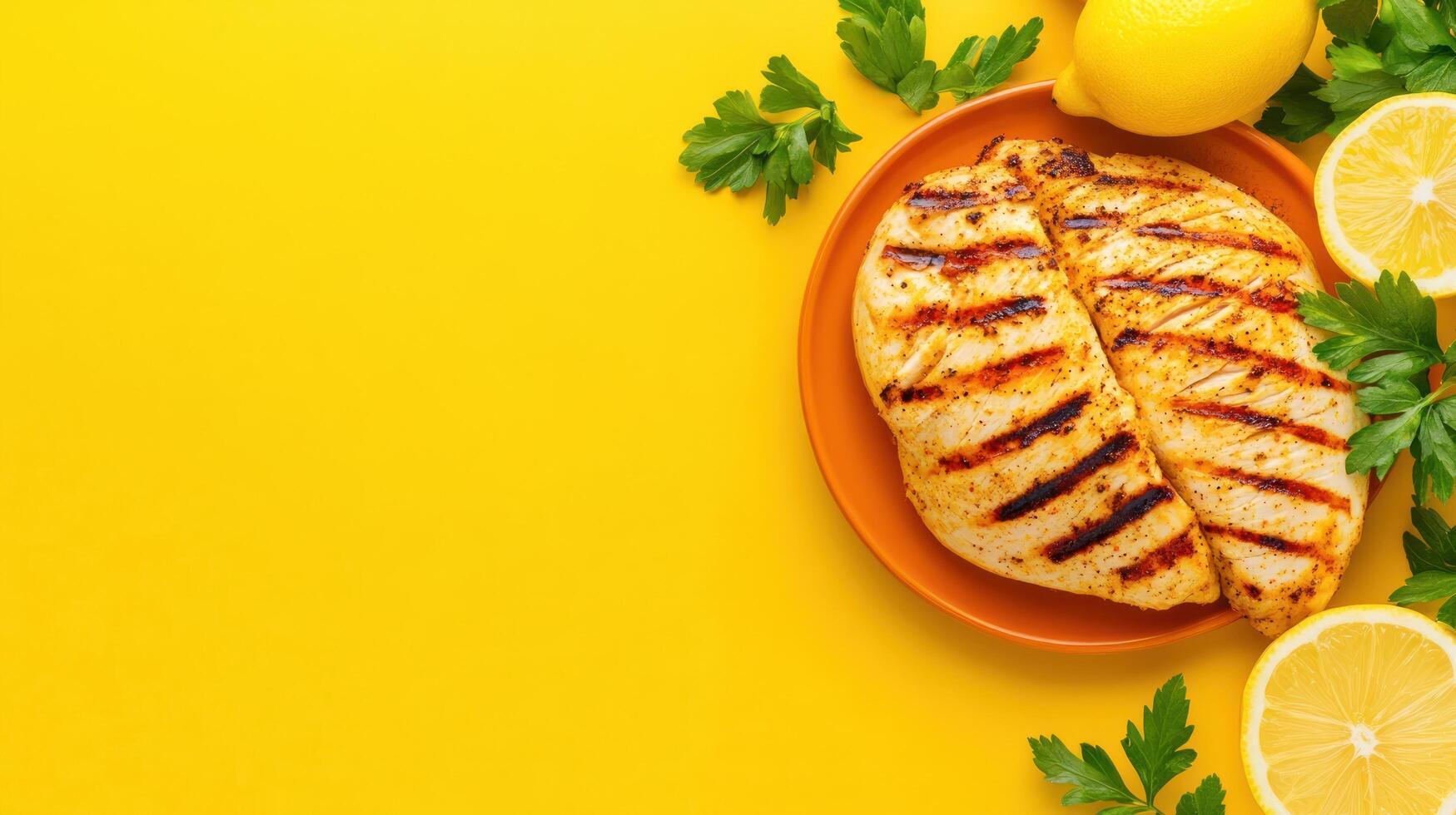 Grilled chicken breast on plate with lemons and parsley for healthy cooking on bright yellow background photo