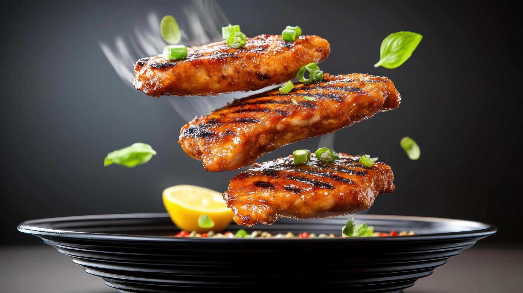 Grilled Chicken Pieces on a Black Plate Suspended in the Air with Green Herbs for Culinary Presentation photo