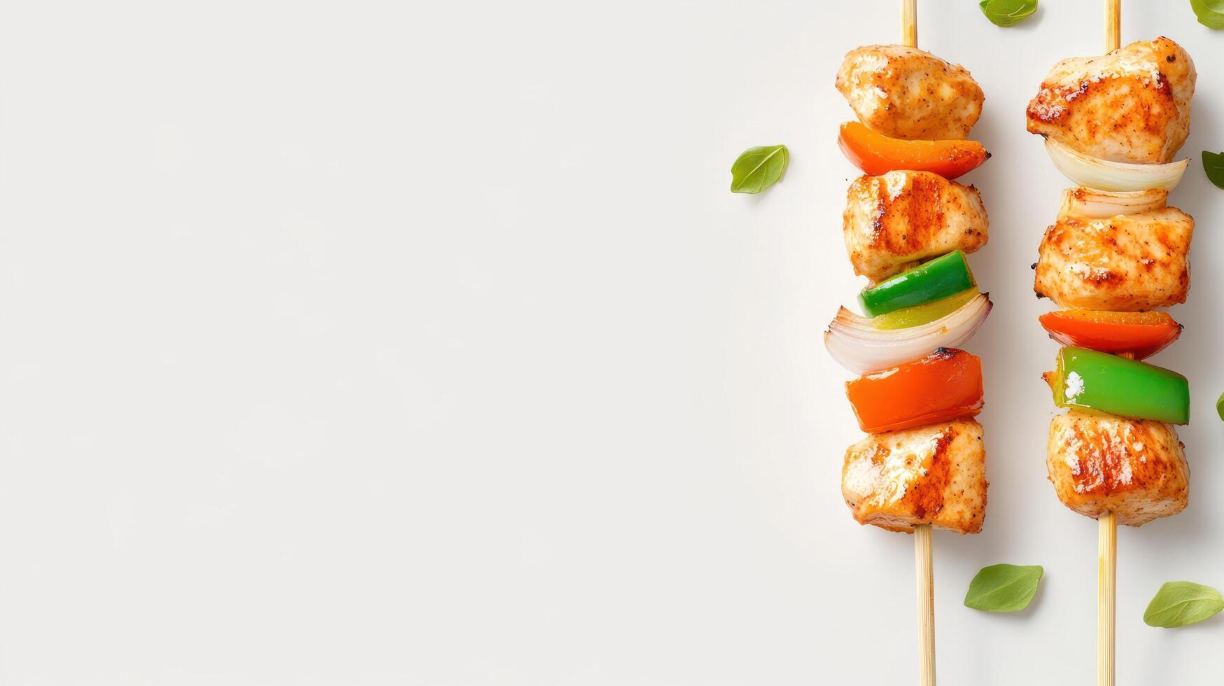 Grilled chicken skewers with veggies for a healthy meal at home, food photography, white background photo
