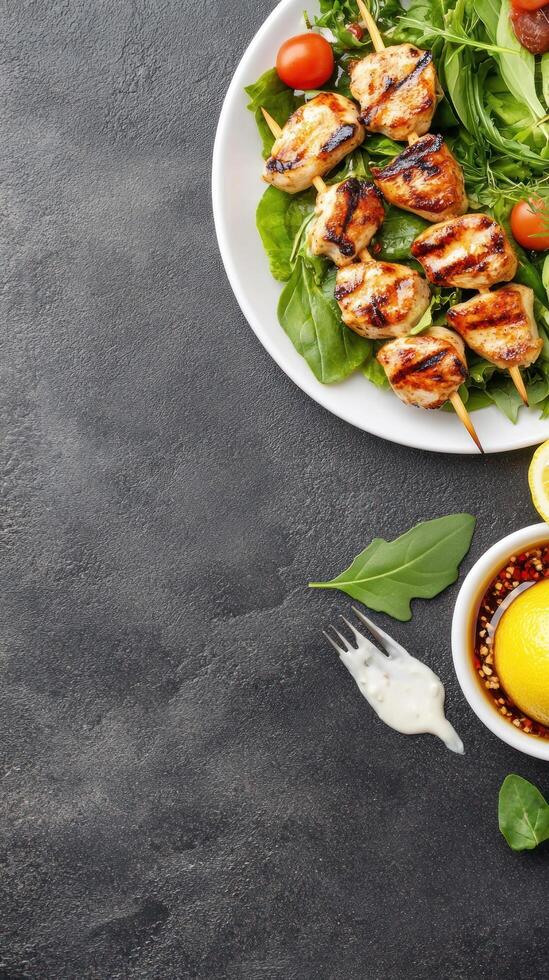 Grilled Chicken Skewers on salad served with lemon and sauce. Food photography for blog photo