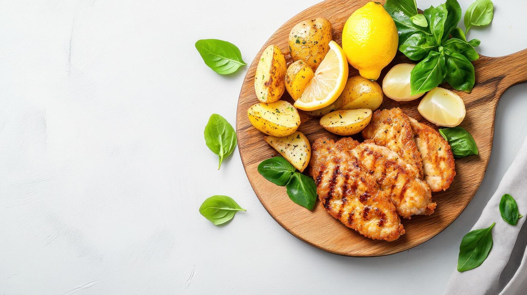 Grilled chicken with potatoes and lemon. Healthy meal on wooden board. Light surface background photo