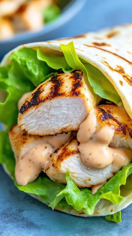 Grilled chicken wrap with salad on a table, close-up, shot in daylight. Possible healthy food photo