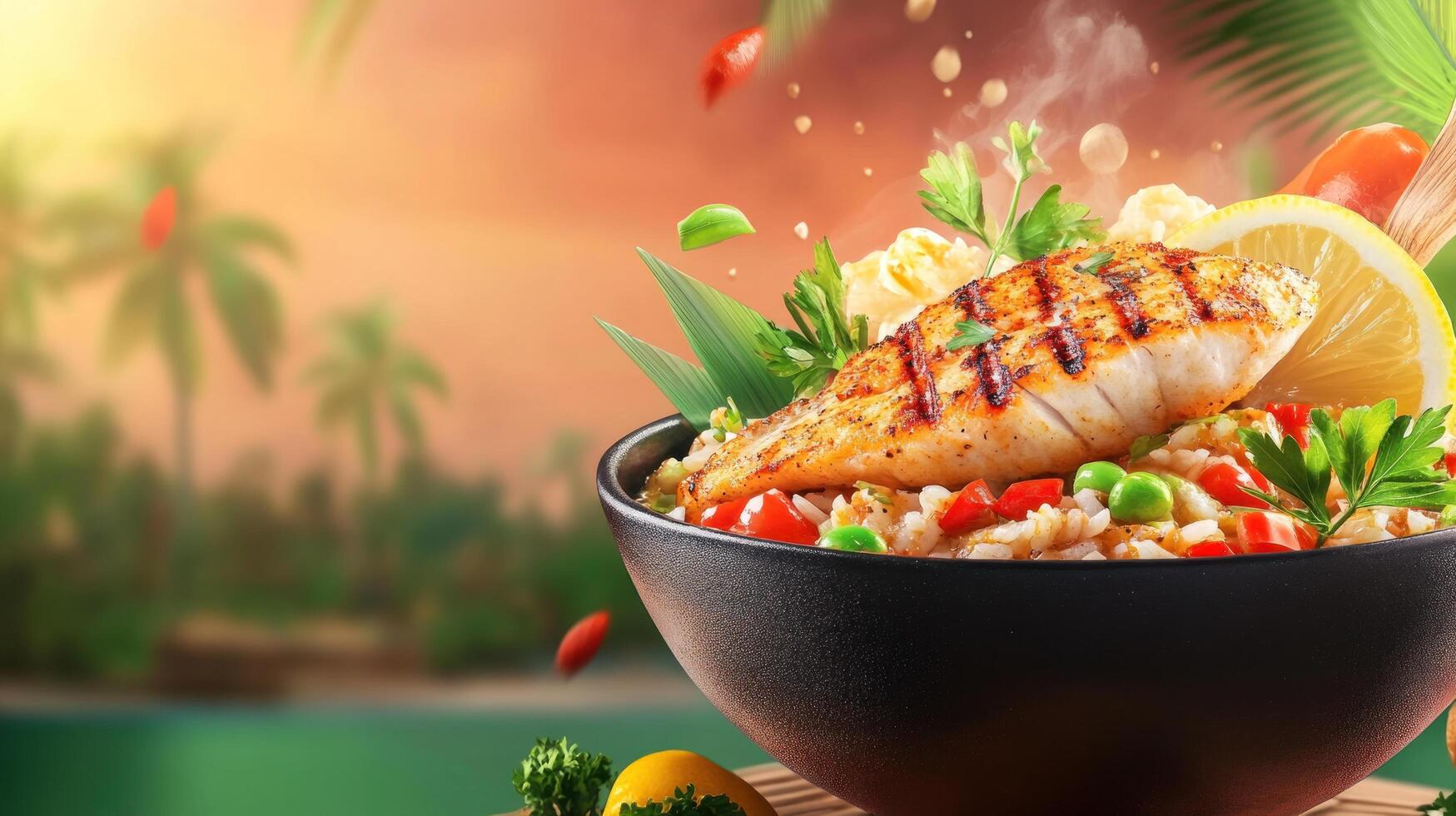 Grilled fish atop rice bowl on a tropical island beach in paradise, food photography use photo