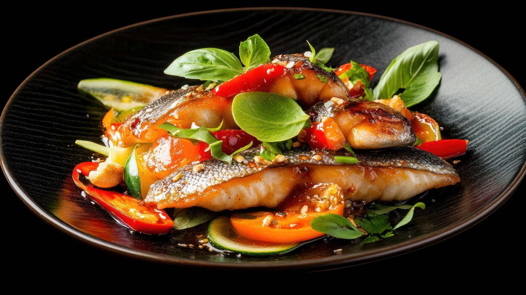 Grilled fish fillet with fresh vegetables on plate, dark background. For restaurant menu photo