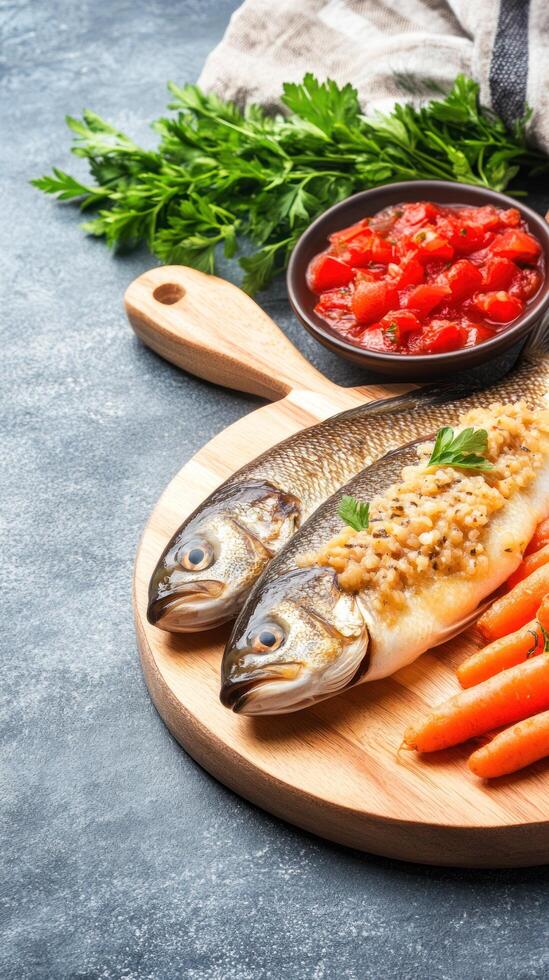 Grilled fish meal served on a wooden board with carrot sticks and herbs. For diet menu photo