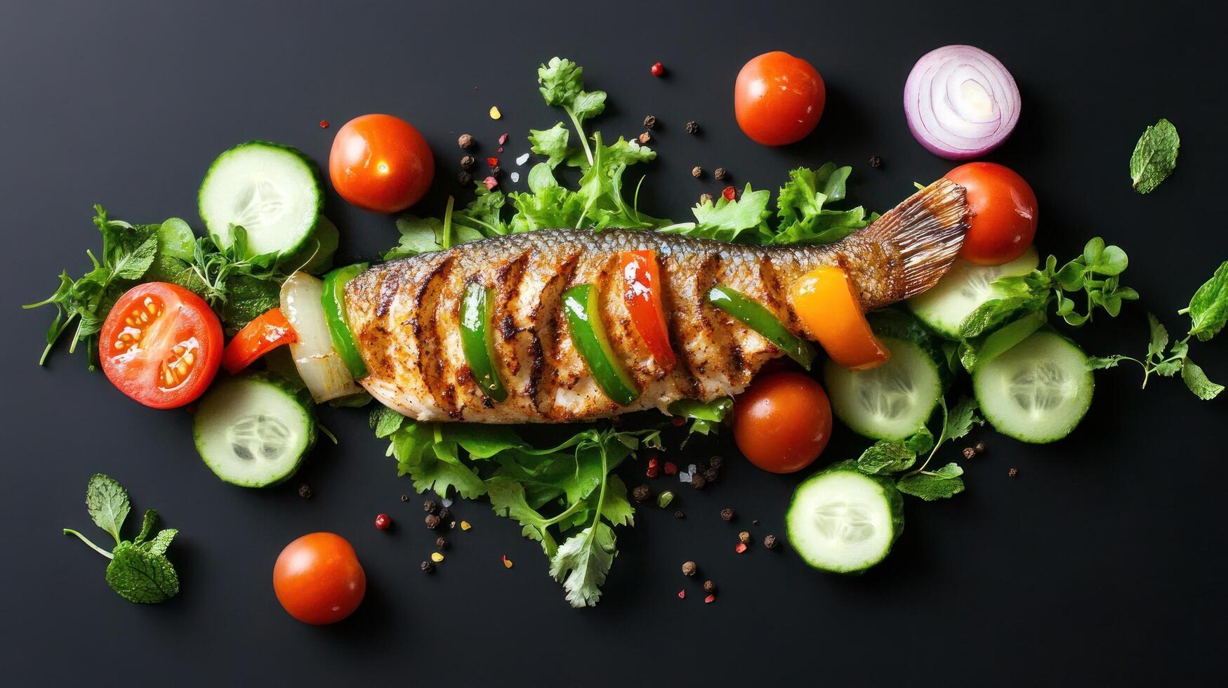 Grilled fish on plate with veggies for meal, flat lay, with tomatoes, cucumber and red onion around photo