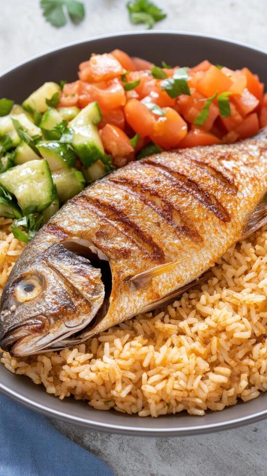 Grilled fish served over rice with fresh salsa and cucumber salad for a healthy lunch photo