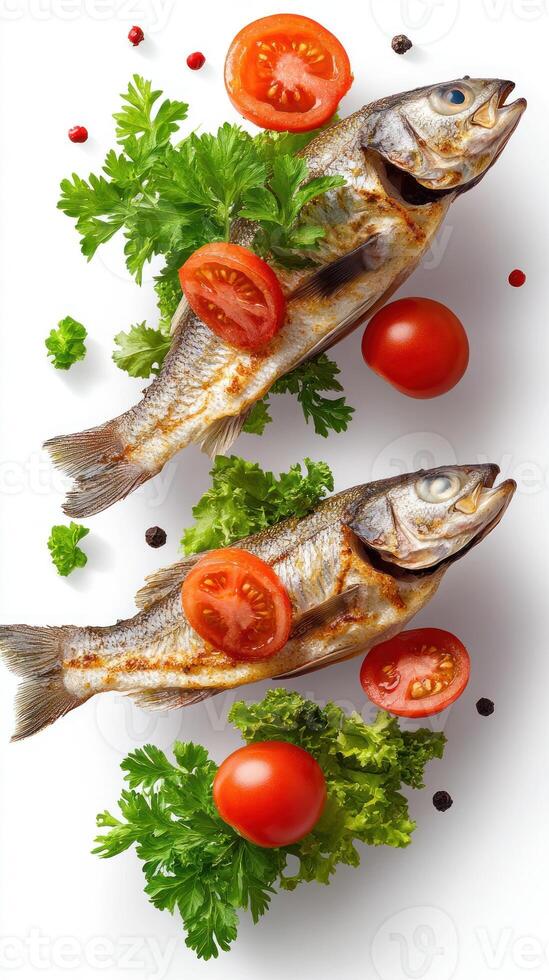 Grilled fish served with tomatoes and herbs on white background for meal idea photo