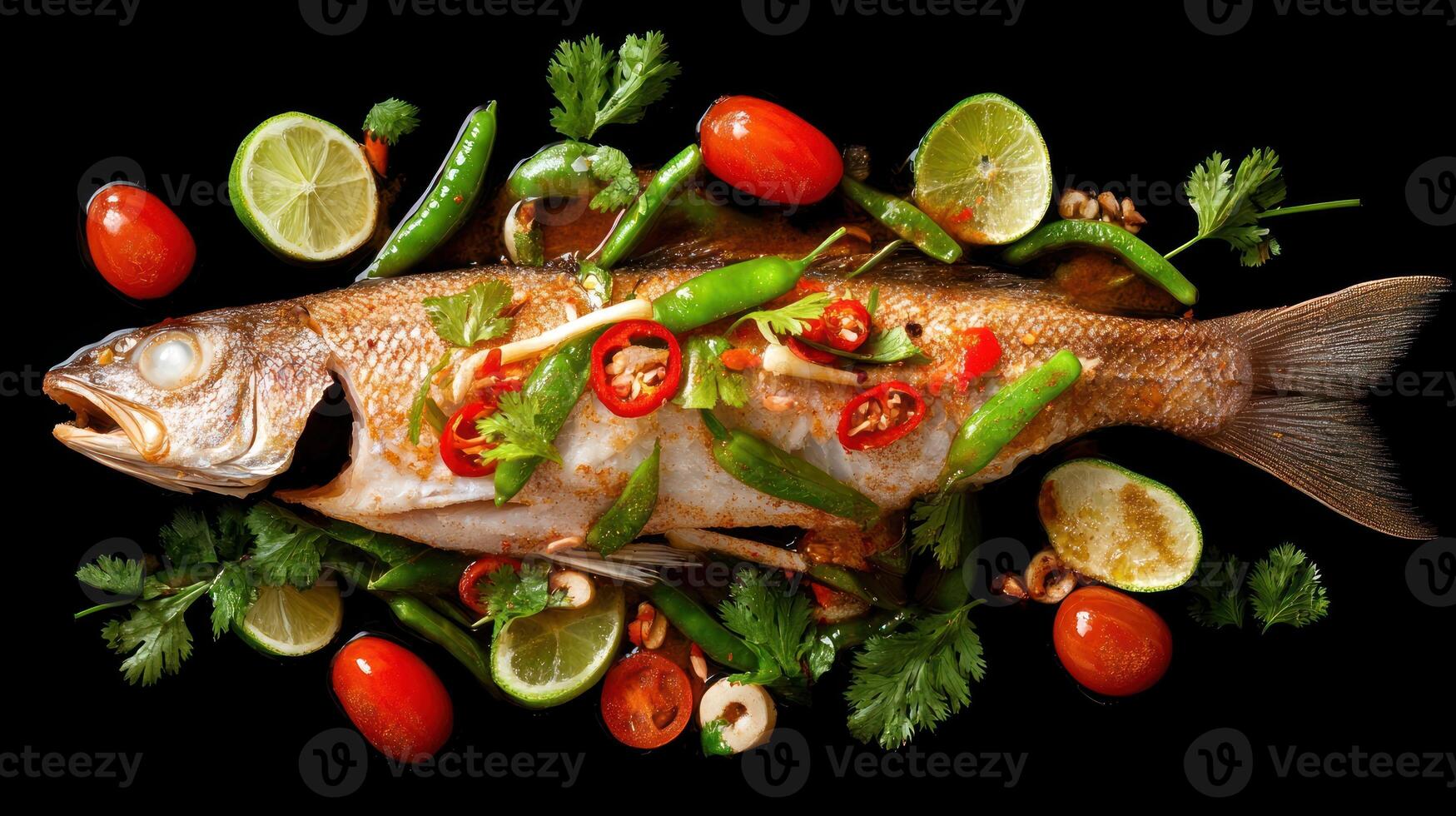 Grilled Fish with fresh vegetables and lime on black background. Fresh culinary delight photo