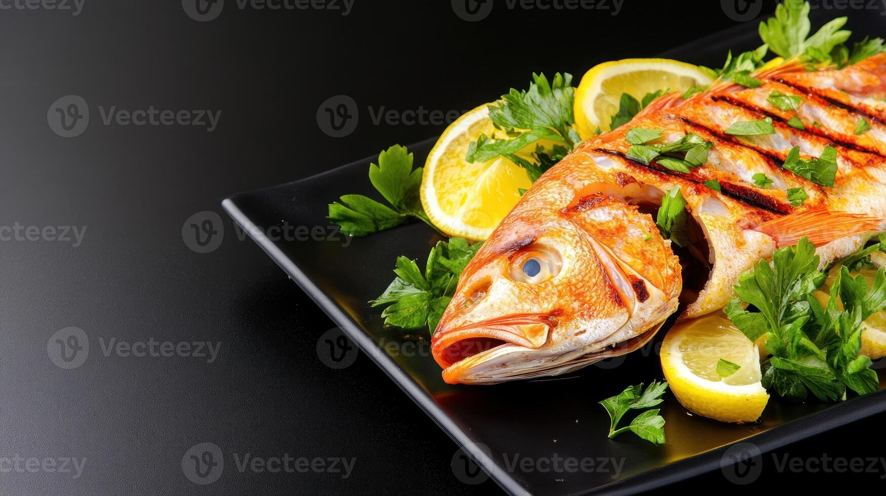 Grilled Fish with Lemon and Parsley on Black Plate. Food photography and meal prep photo
