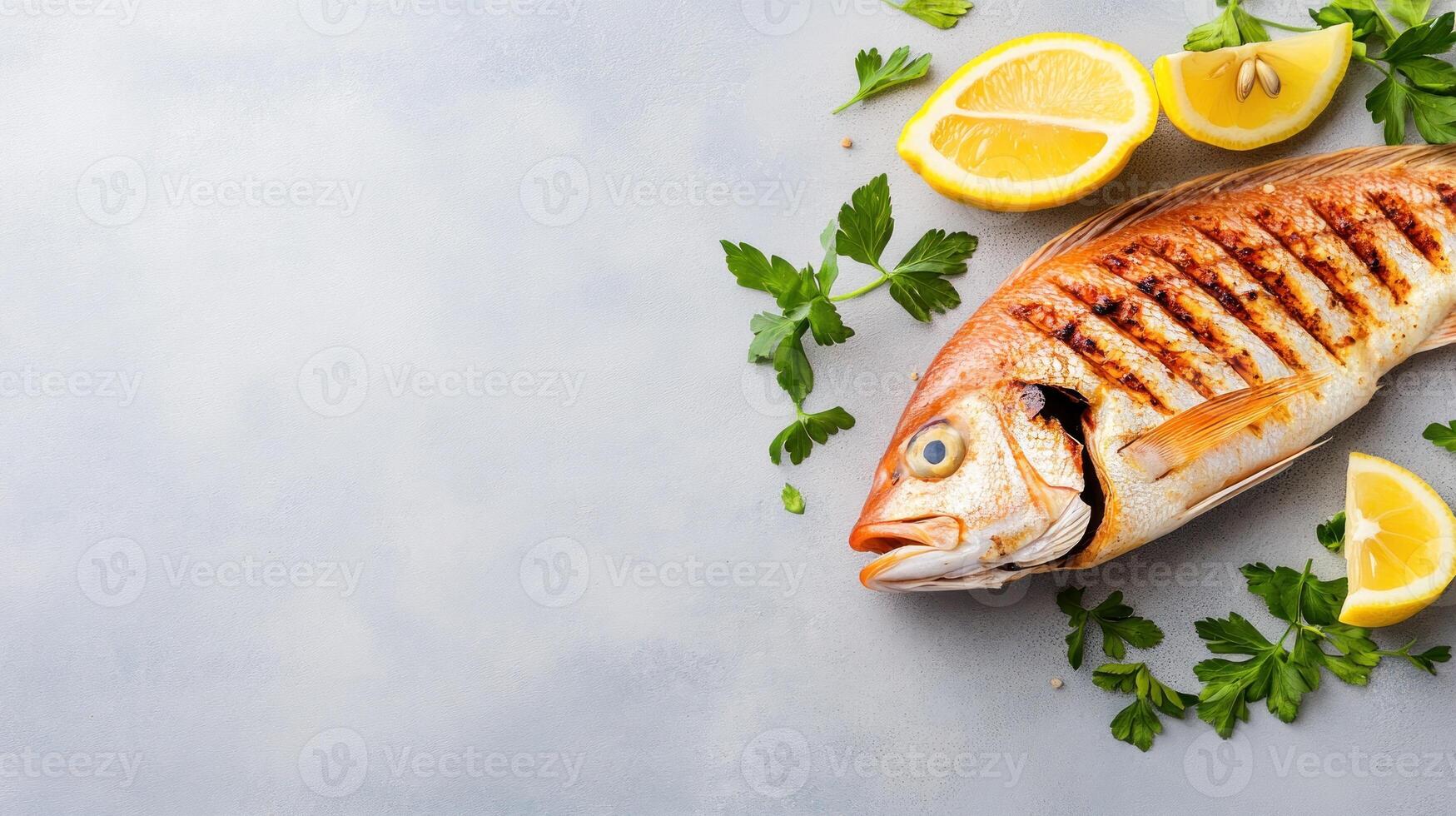 Grilled fish with lemon and parsley, on grey surface. Food for restaurant menu photo