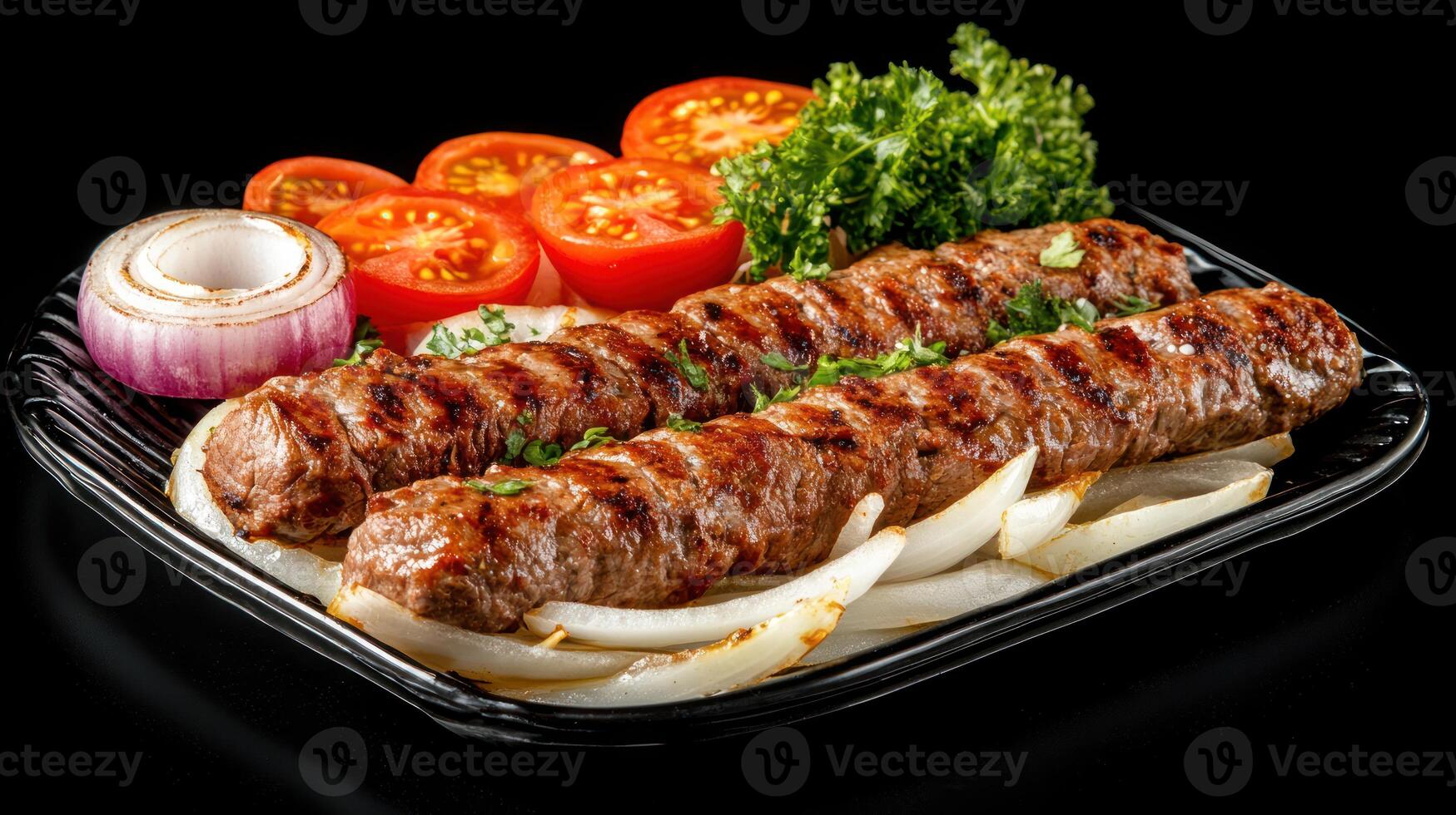 Grilled kabobs with tomatoes and onion on black plate, culinary delight for food blog or menu design photo