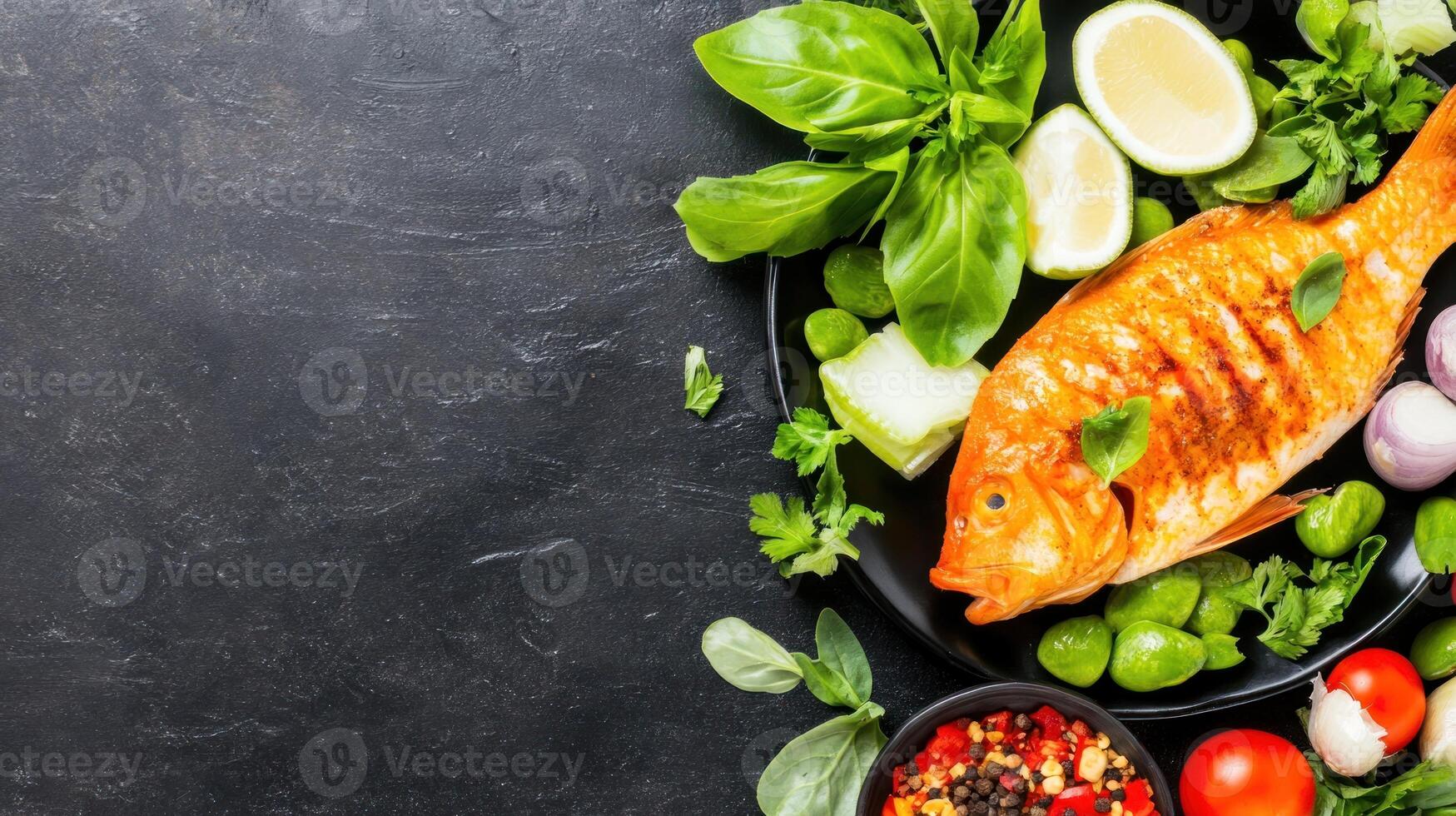 Grilled fish with vegetables and herbs on dark plate for healthy eating background photo