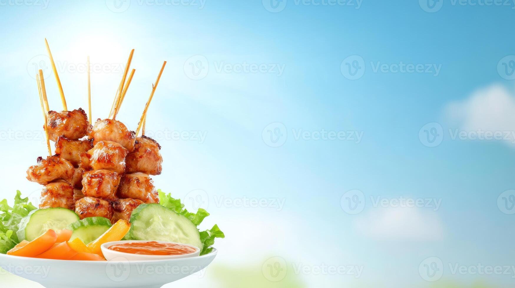 Grilled meat skewers on plate with vegetables. Outdoors for lunch ad, menu or social media photo