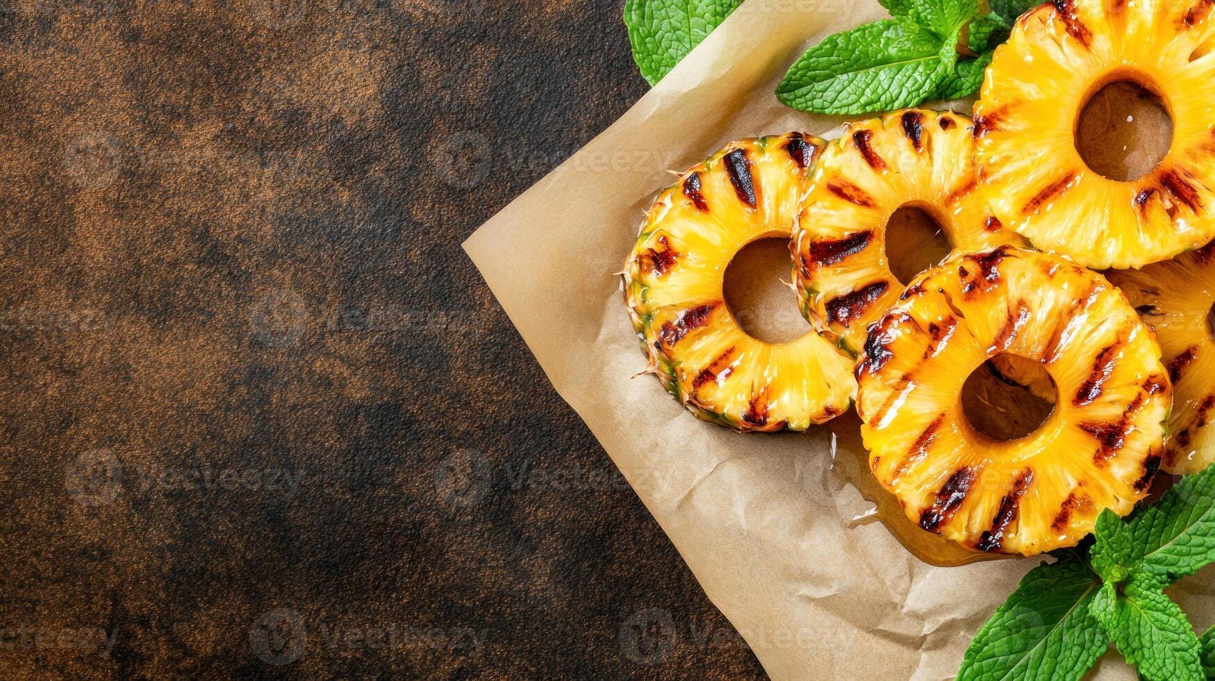 Grilled pineapple rings dessert with mint on paper, brown background. Summer snack, recipe idea photo