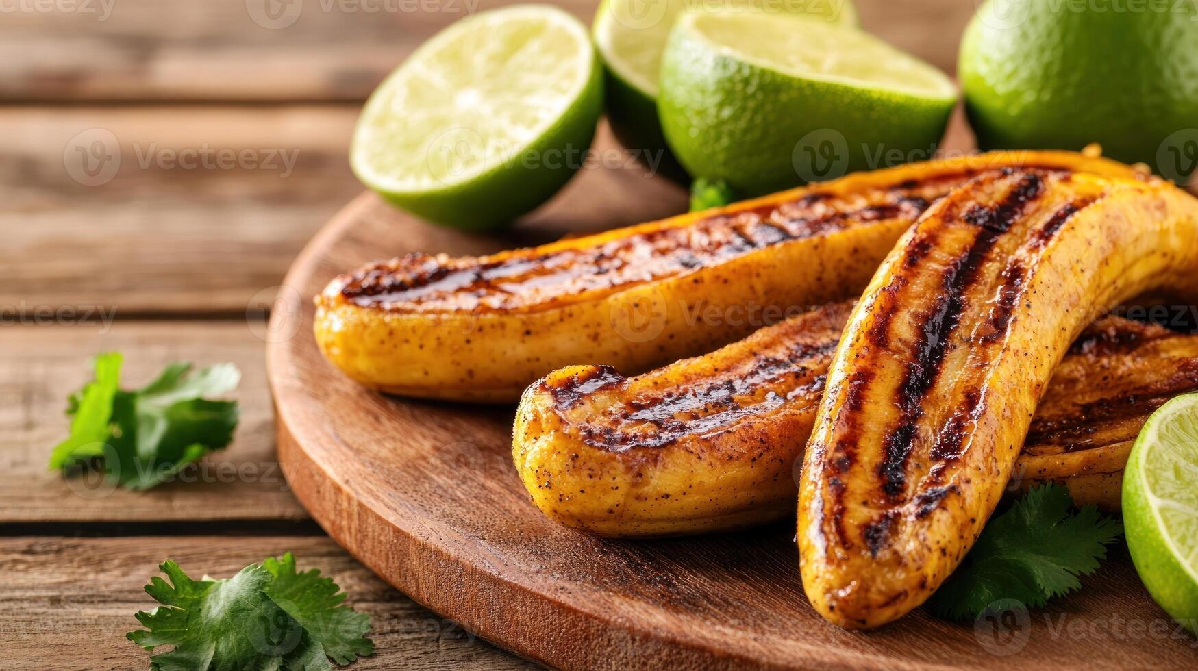 Grilled plantain served on wooden board with limes. Caribbean food photography for menu photo