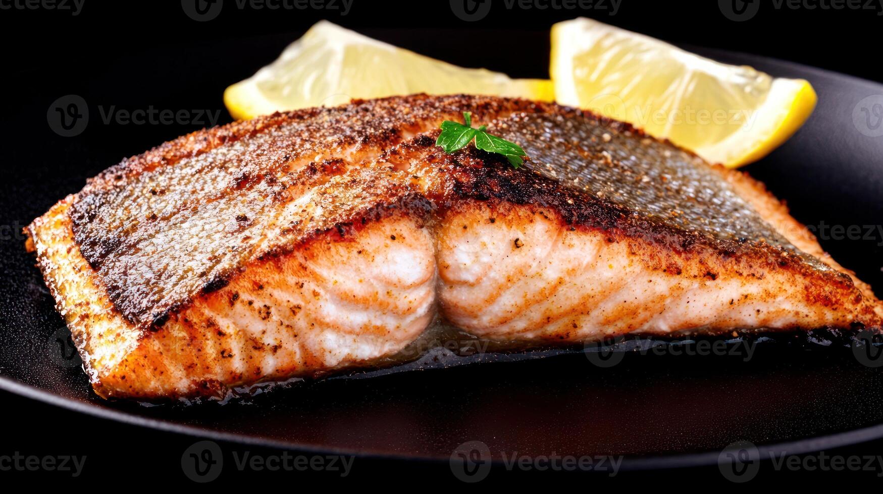 Grilled salmon served with lemons on a black plate, for a restaurant menu photo