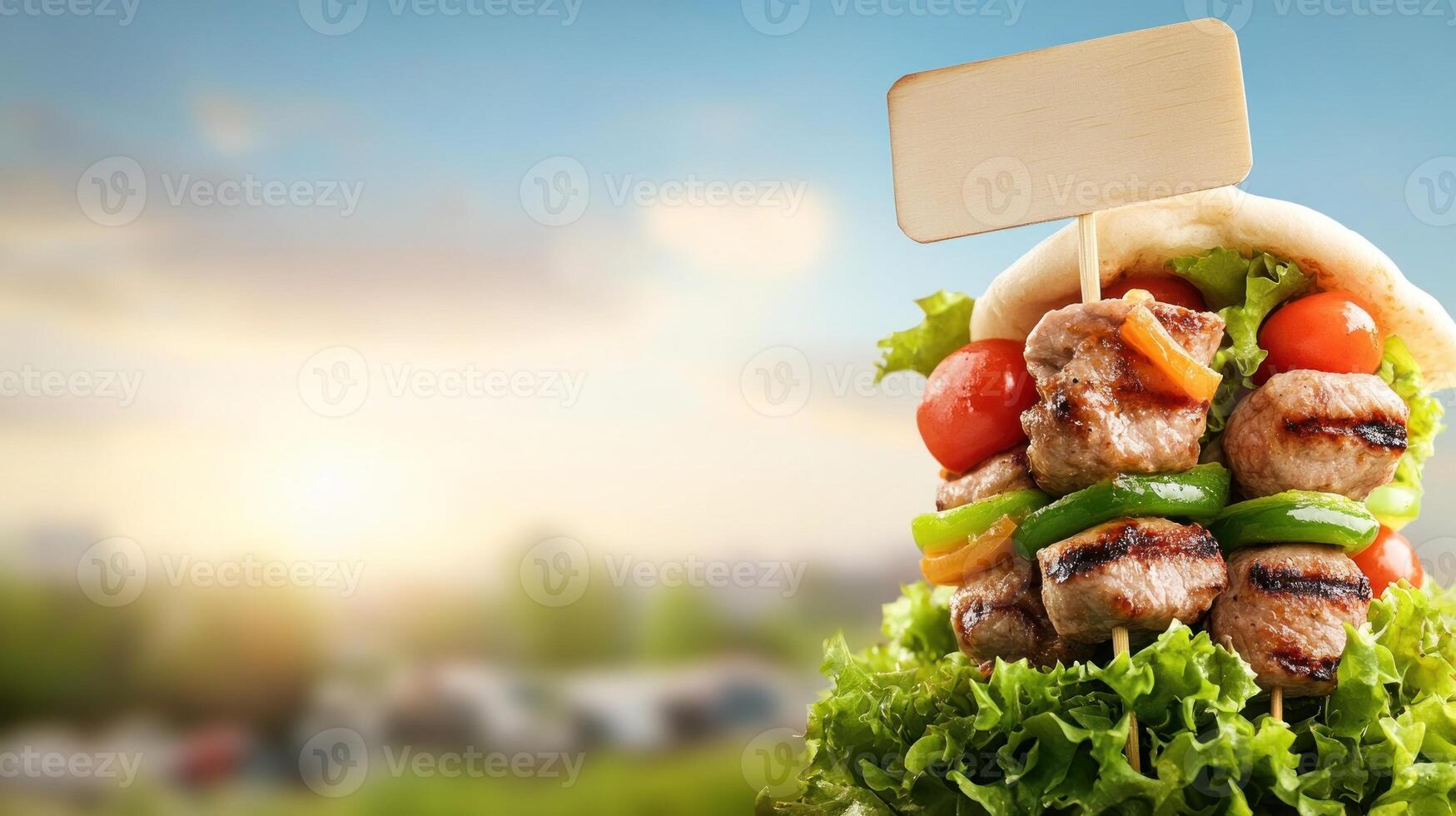 Grilled shish kebab with salad, tomato. Outdoor summer party, catering, recipe use photo