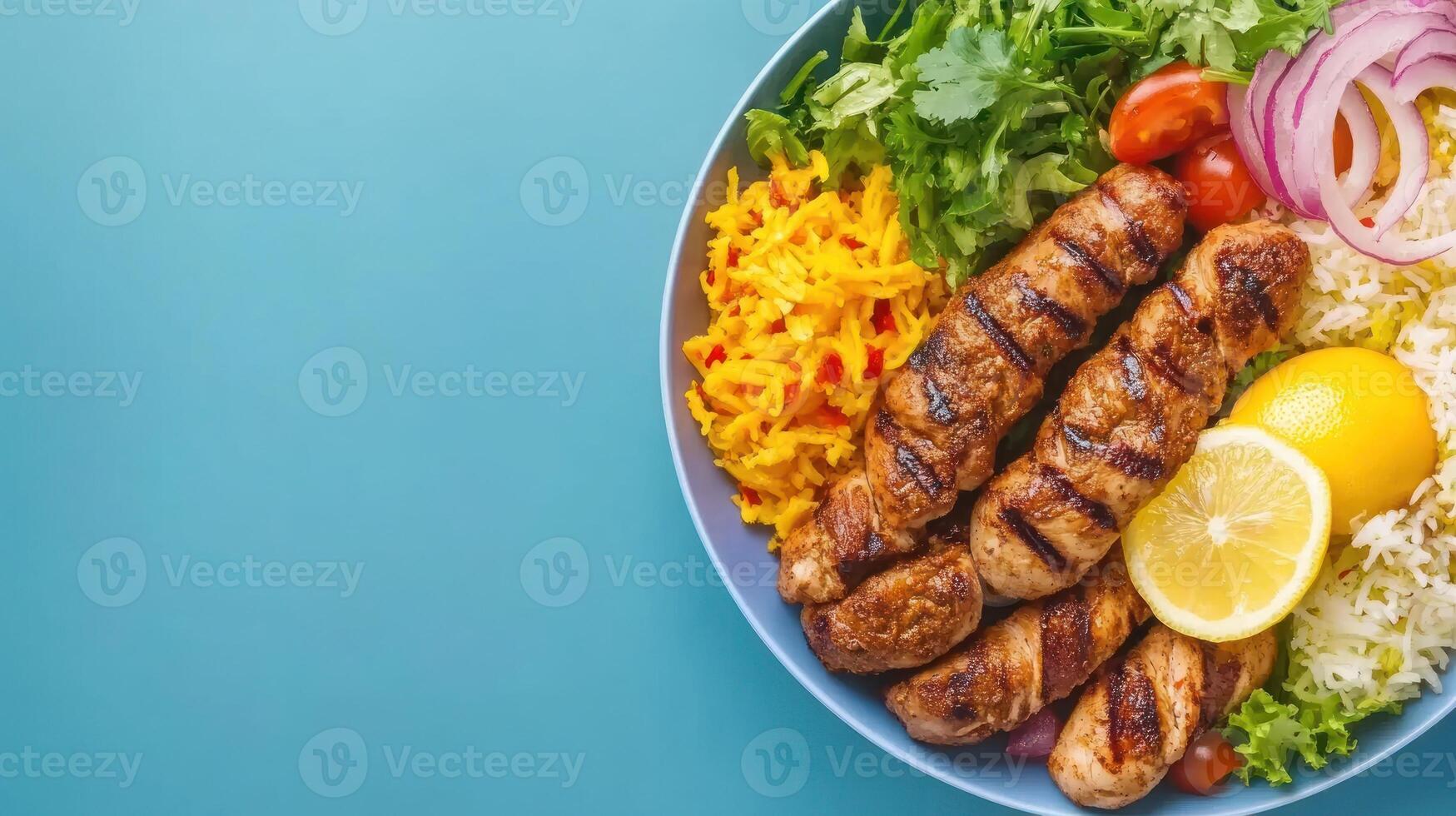Grilled skewers with fresh salad served on plate for a tasty, healthy, balanced diet photo
