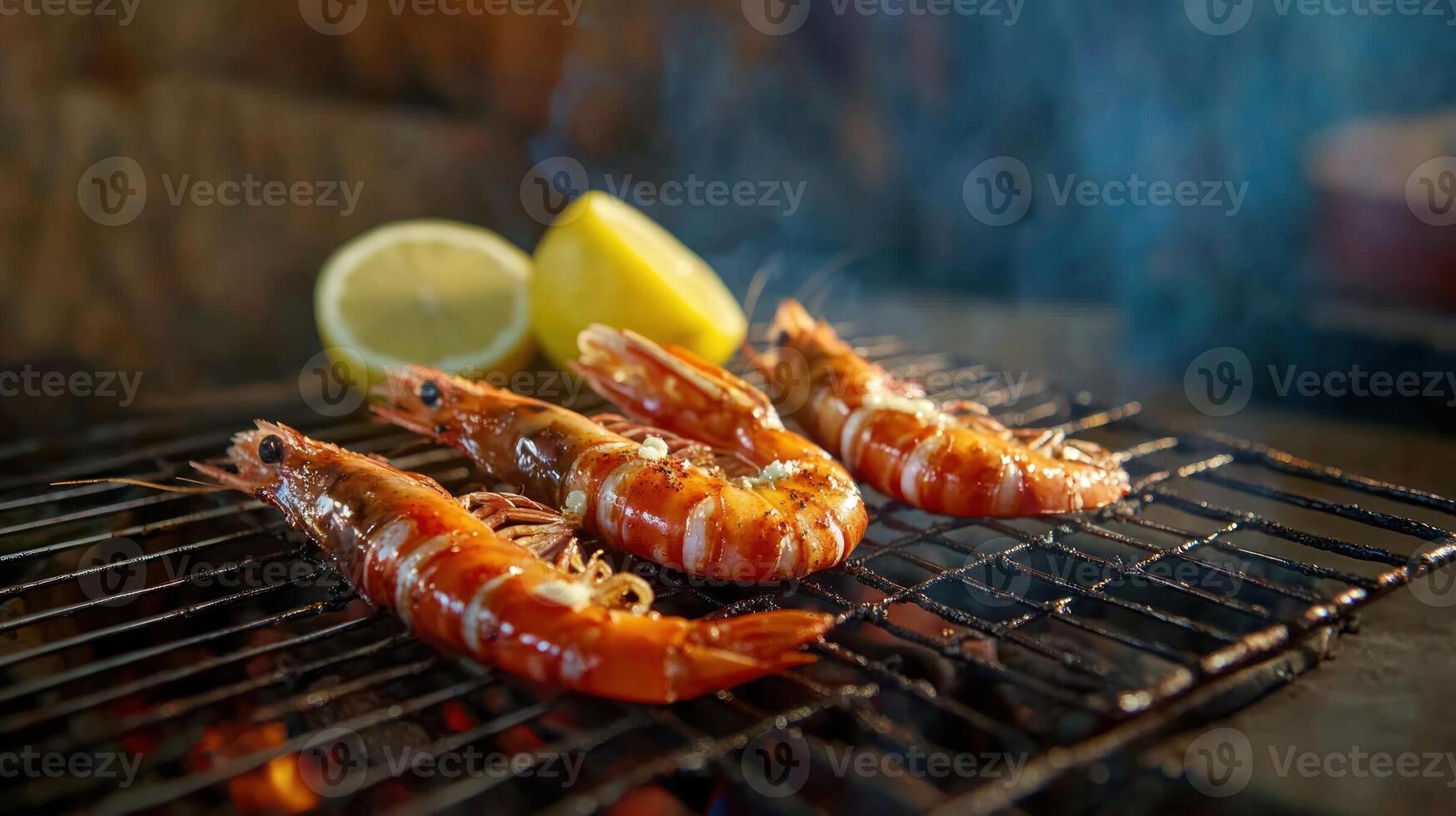 Grilled shrimp with lemon on a grill. Fire sparks. Food photography. Restaurant or food blog use photo
