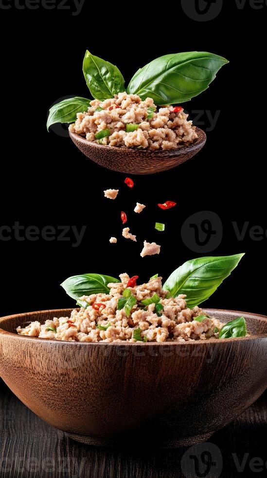 Ground meat with herbs in wooden bowls, floating, black background. Use for cooking recipes photo