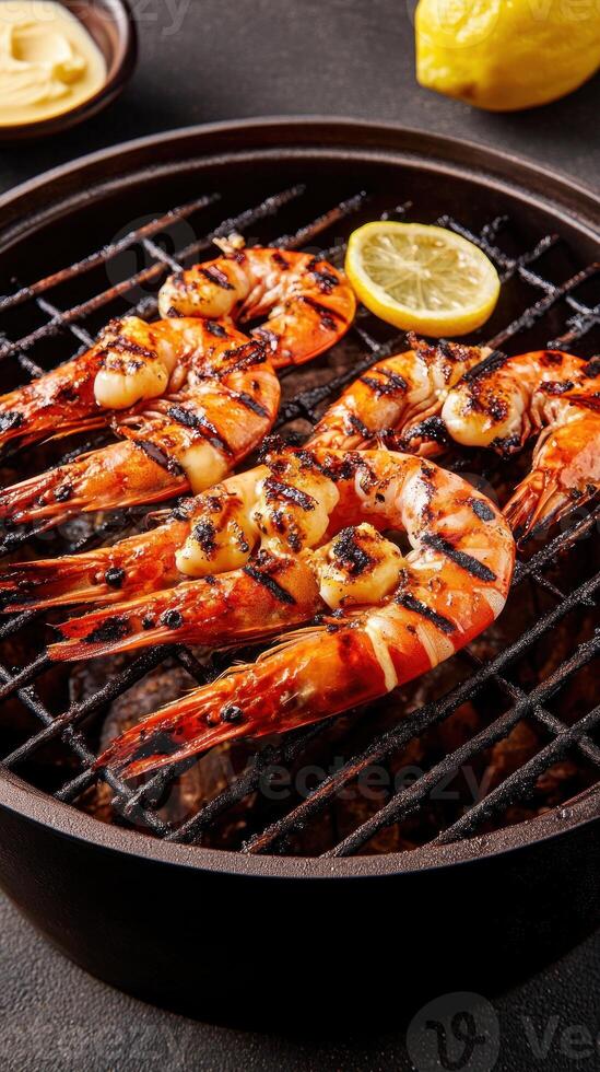 Grilling shrimp with lemon on grill. Delicious seafood recipe for backyard BBQ cookout photo
