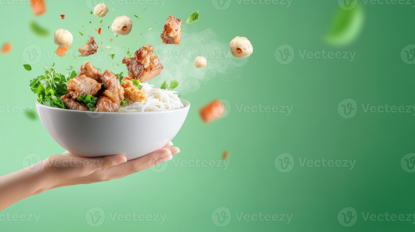 Hand holding bowl with noodles and meat, vegetables flying on the bright background for food presentation photo
