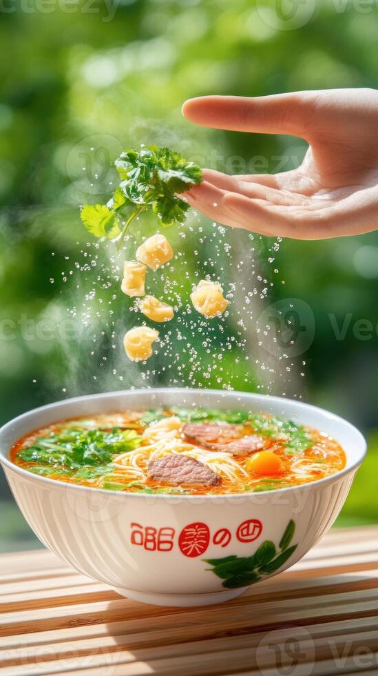 Hand garnishing steaming noodle soup outside. Greens out of focus in bright, sunny background photo