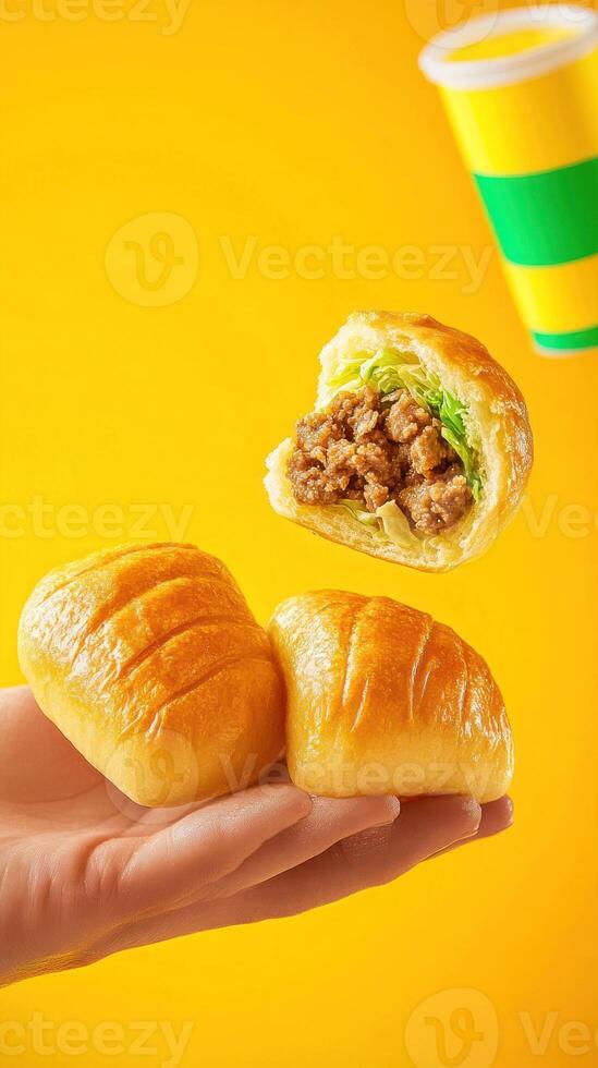 Hand holding baked buns with meat inside and drink floating behind against yellow background photo