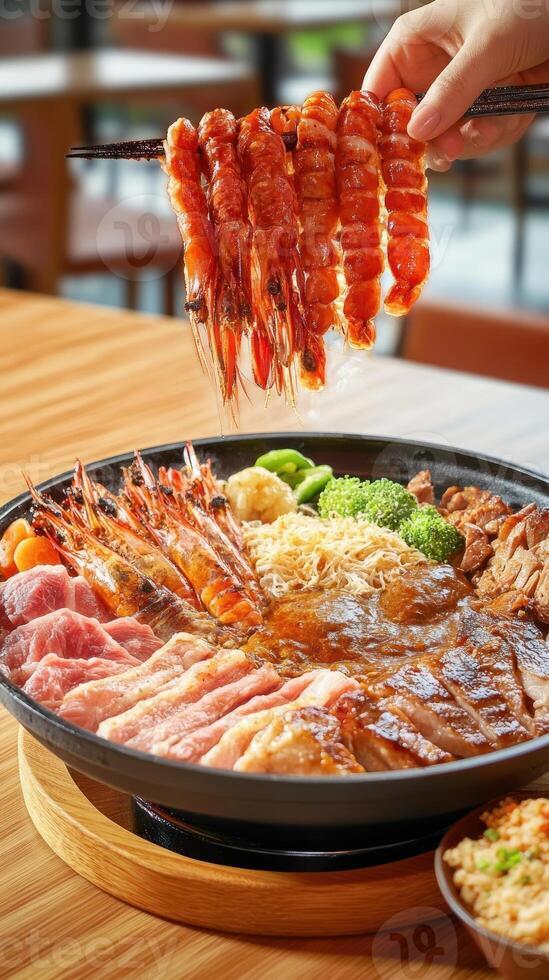 Hand holds prawns above a lavish Cantonese Poon Choi with meat and vegetables on a wooden table photo