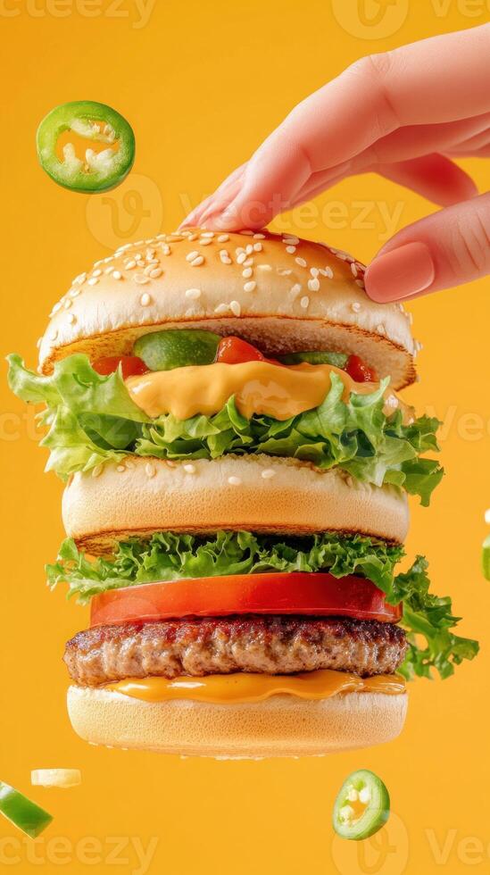 A hand holding a large hamburger with vegetables and peppers photo