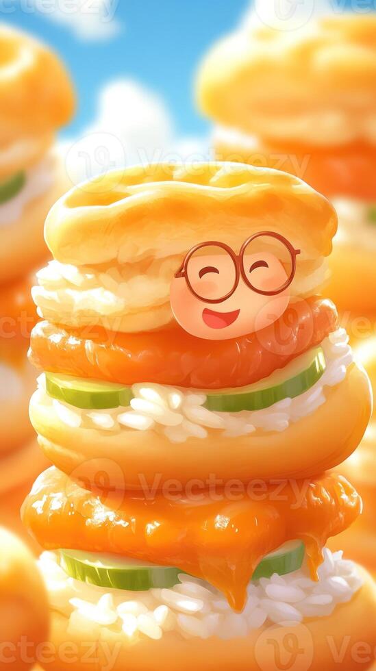 Happy sushi burger stack with rice, fish, and cucumber against blue sky, for food-themed social media photo