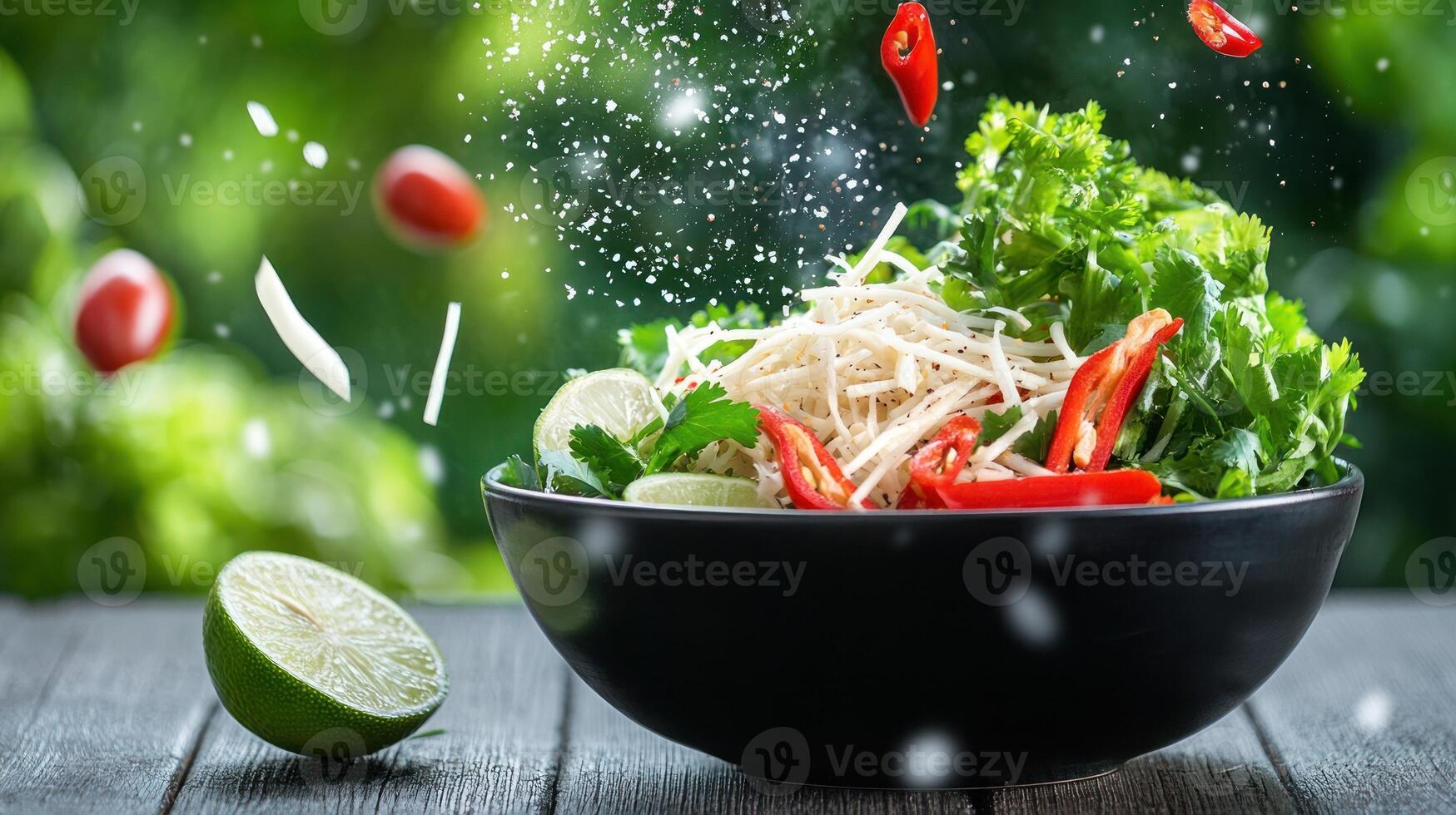 Healthy lunch salad in bowl with vegetables and spices falling on it, background garden for food blog photo