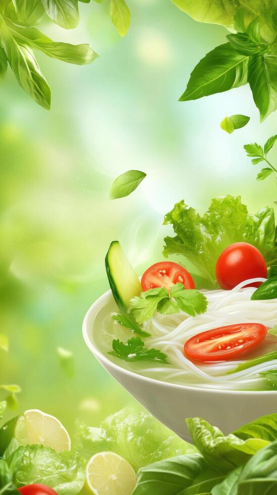 Healthy noodle bowl floating with fresh ingredients in bright, sunny, garden backdrop photo