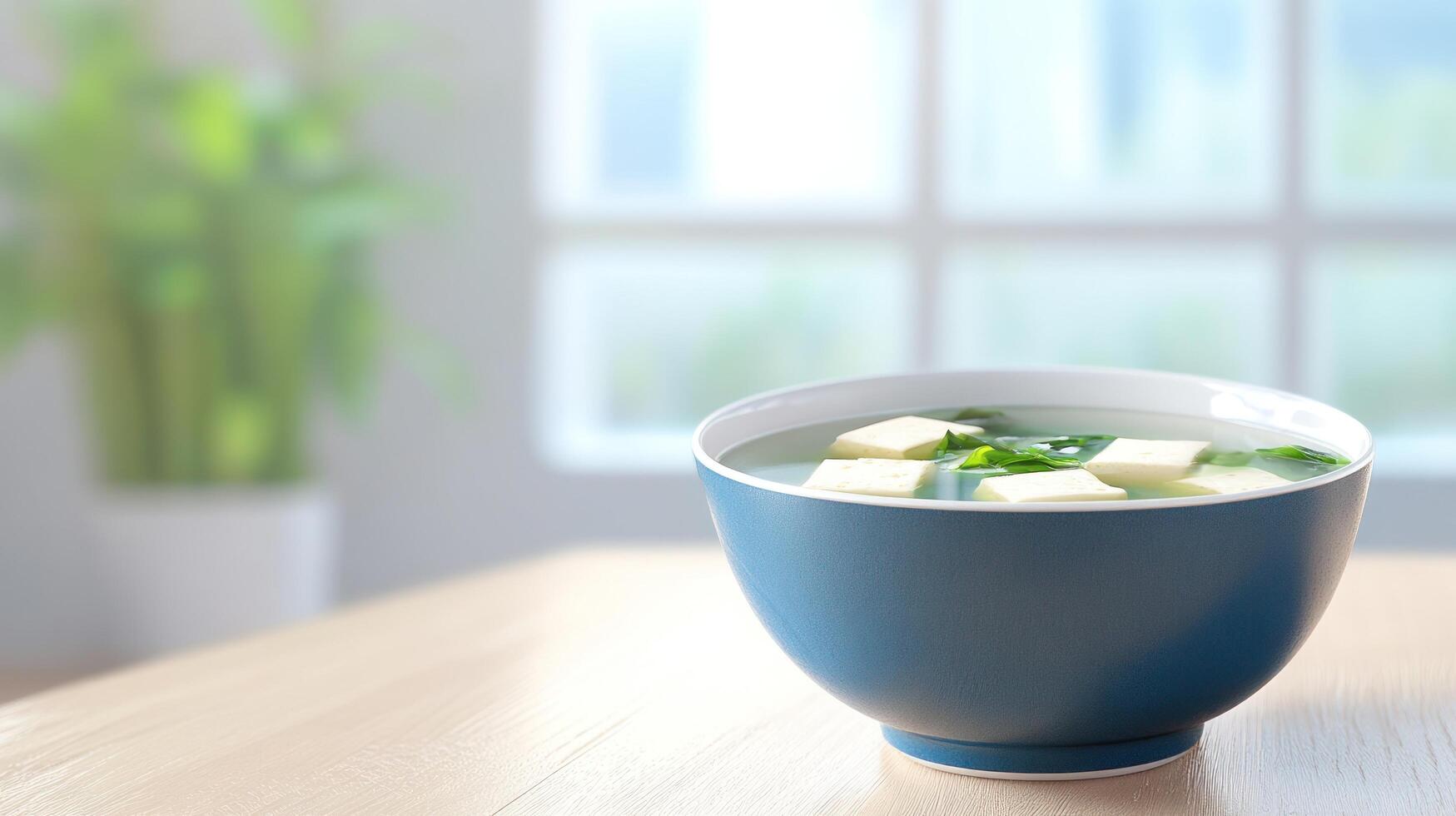 Healthy soup with tofu, greens in a bright room setting, for nutrition and wellness photo