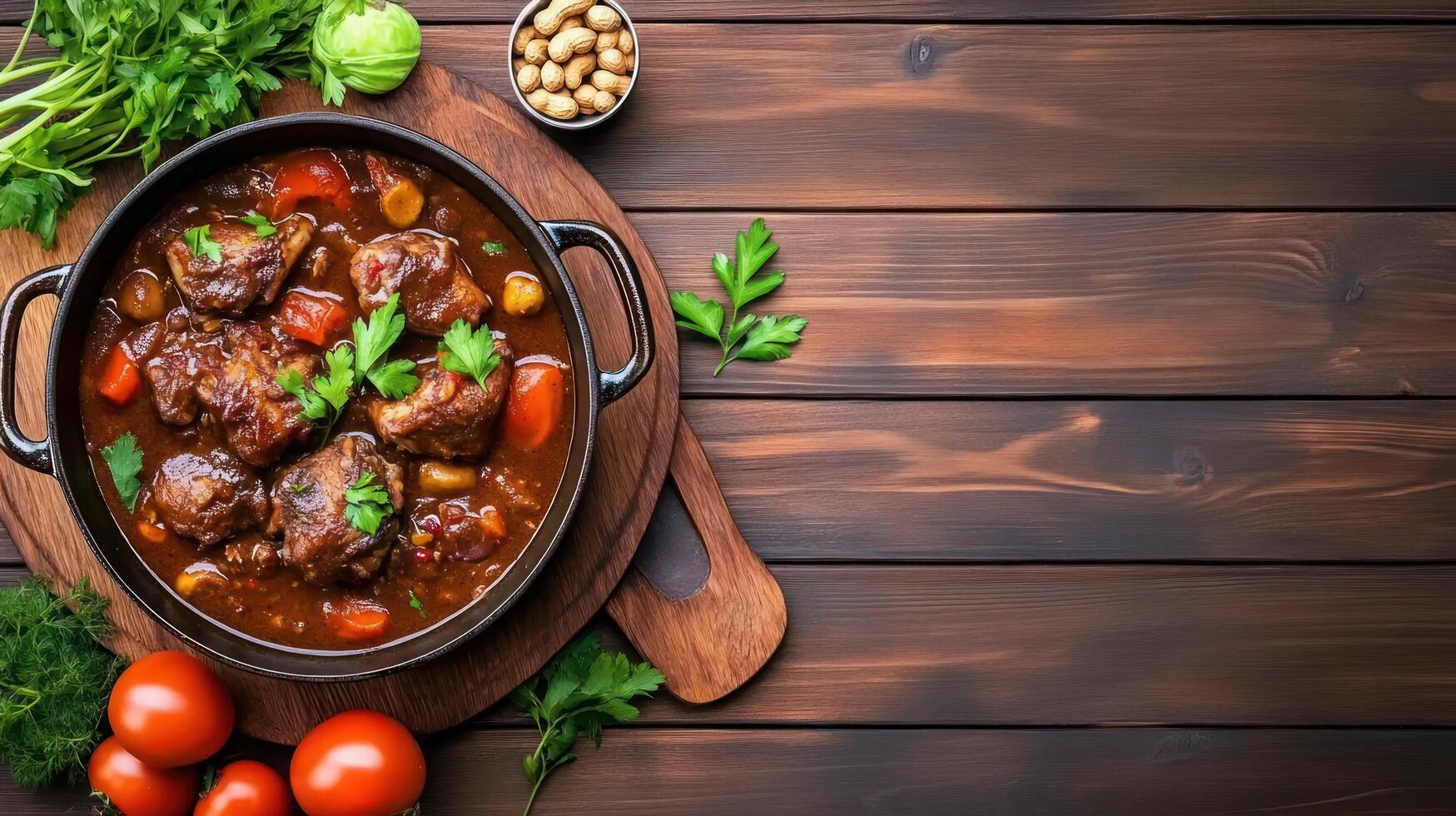 Hearty beef stew simmers on wood cutting board, ideal culinary blog background photo